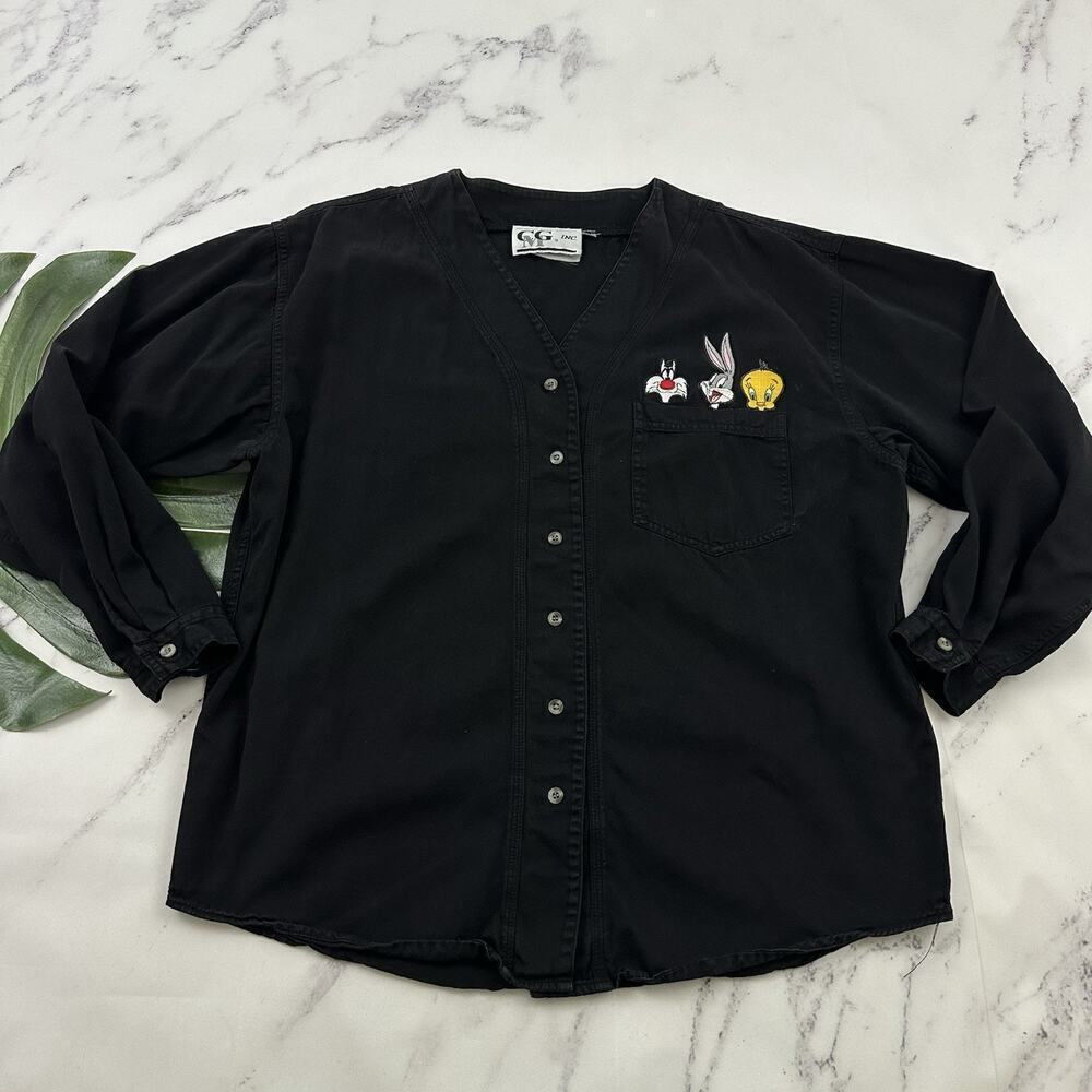 Looney Tunes Womens Vintage 90s Oversize Shirt Size M Black Embroidered Jersey